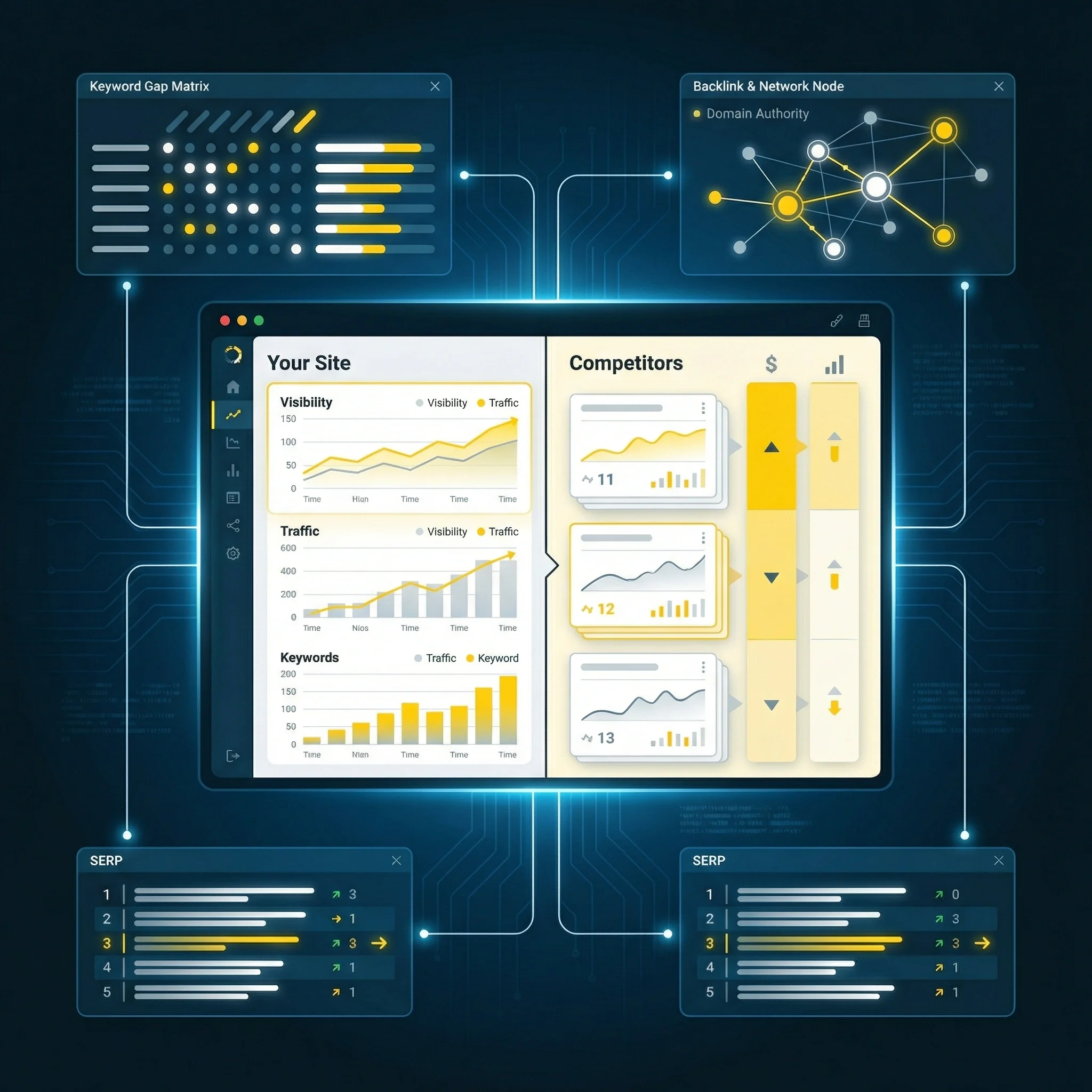 Dashboard interface displaying SEO analytics with charts for site visibility, traffic, keywords, competitor analysis, backlink network, and SERP rankings.