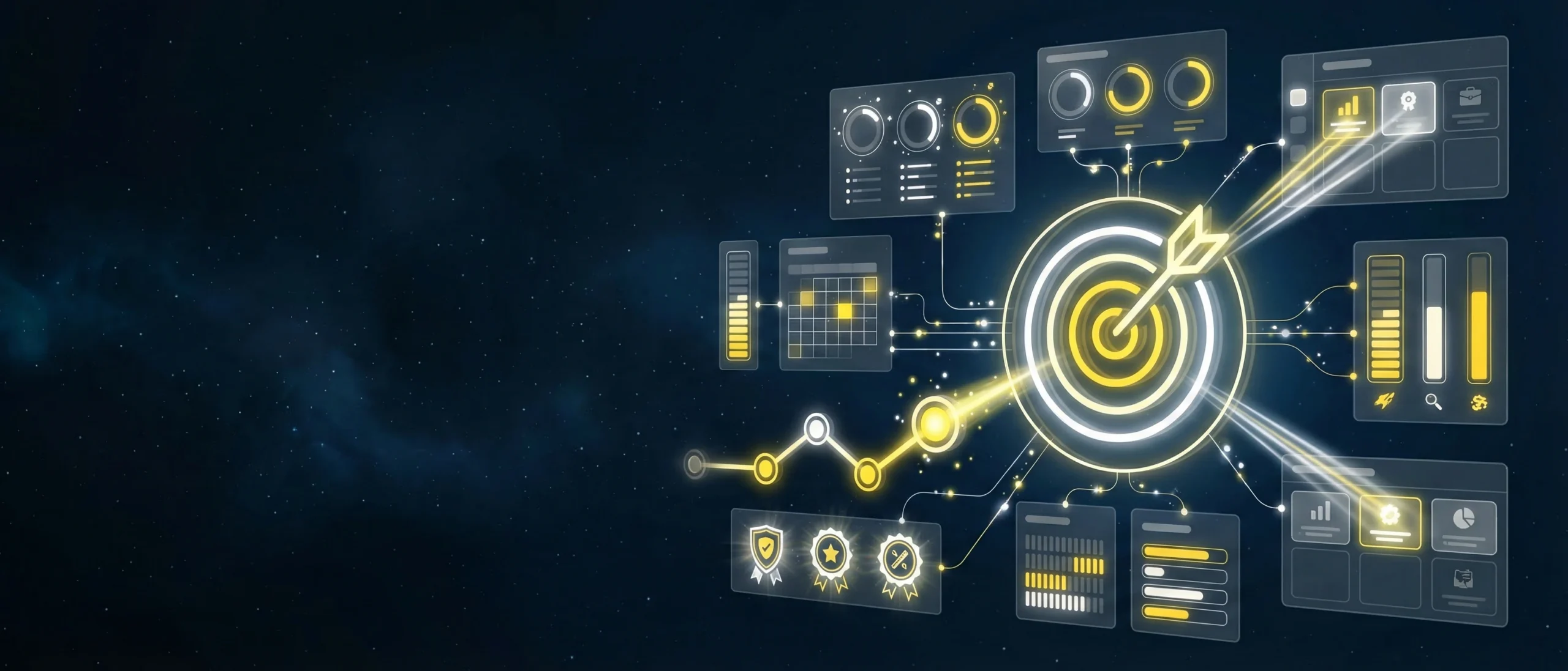 Glowing digital target with an arrow in the center surrounded by various futuristic data and analytics widgets on a dark blue starry background
