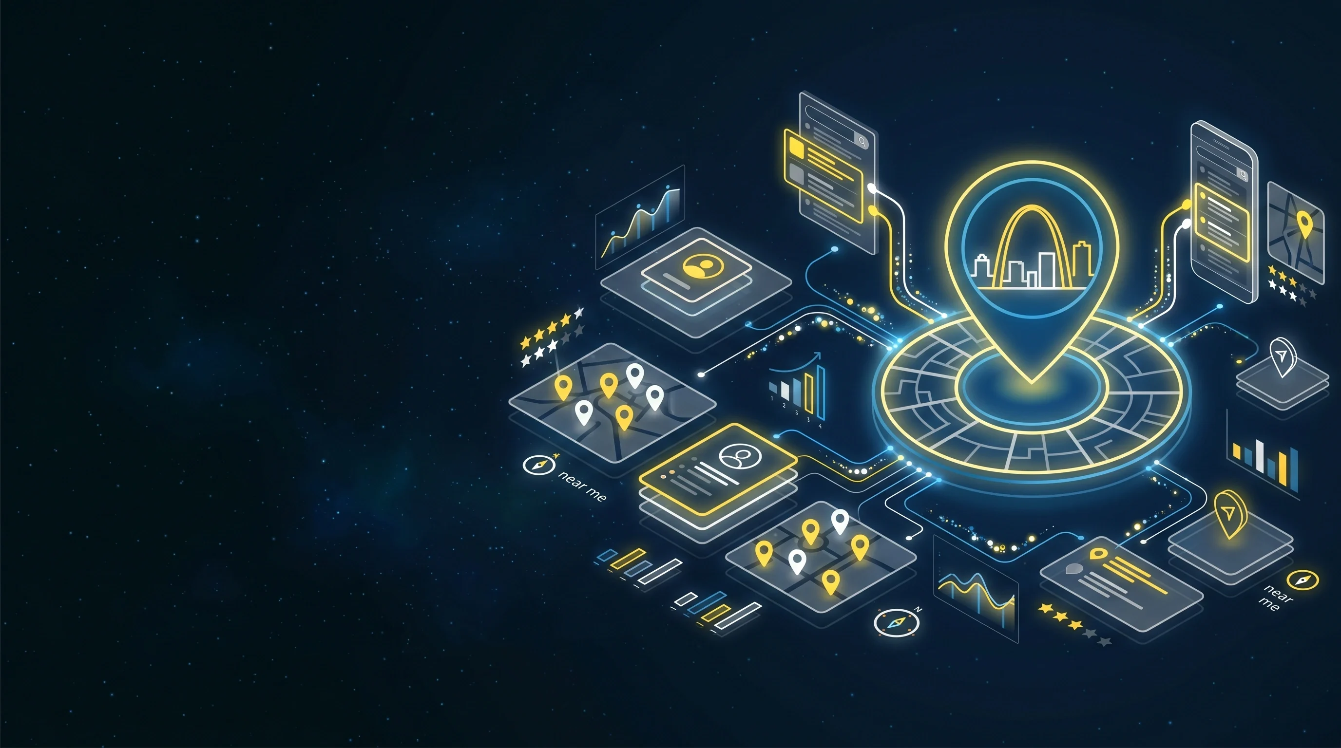 Digital map interface with location pins, graphs, user data, and mobile devices on a dark background.