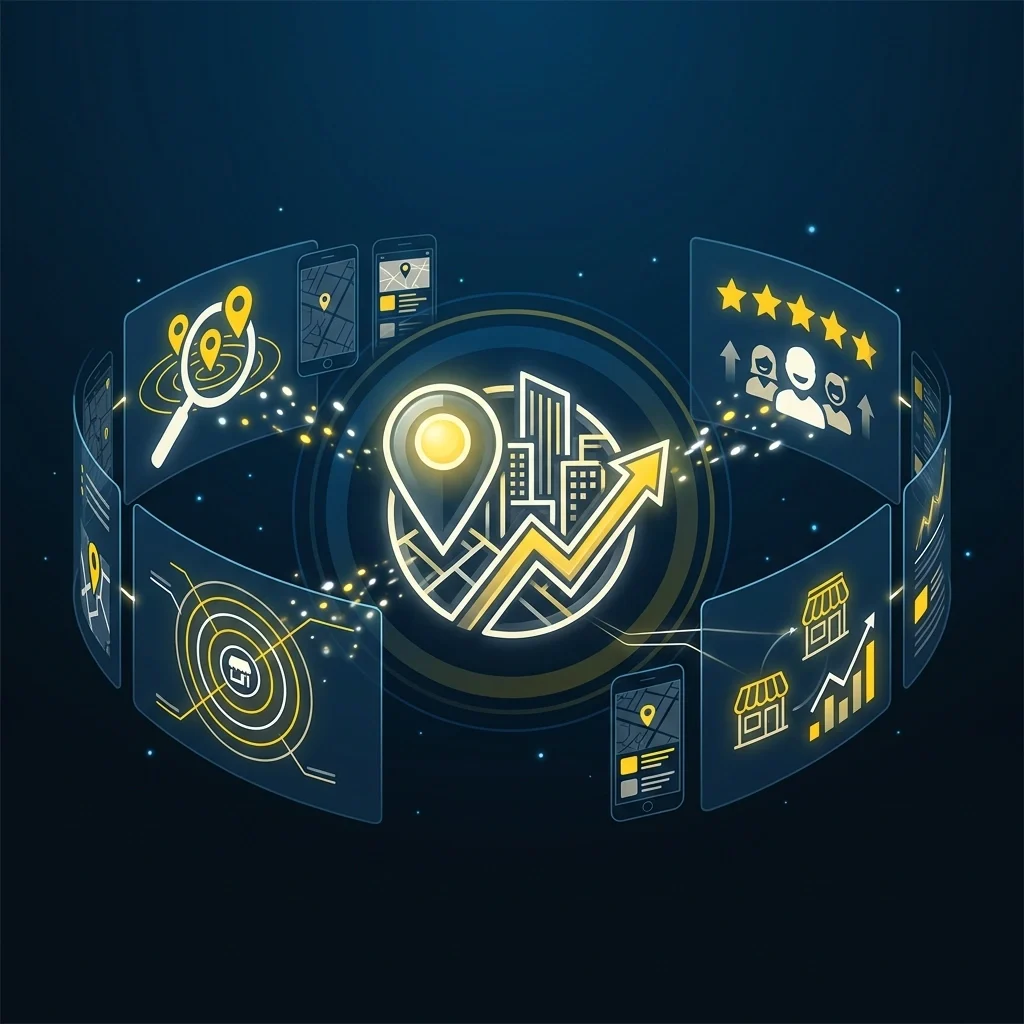 Digital illustration of location markers, growth charts, and customer ratings in a circular virtual interface.