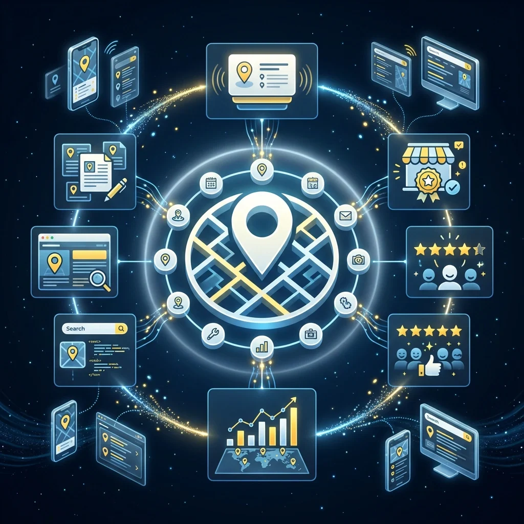 Digital illustration of a central location pin on a map surrounded by interconnected icons representing search, reviews, analytics, communication, and business verification in a networked system.