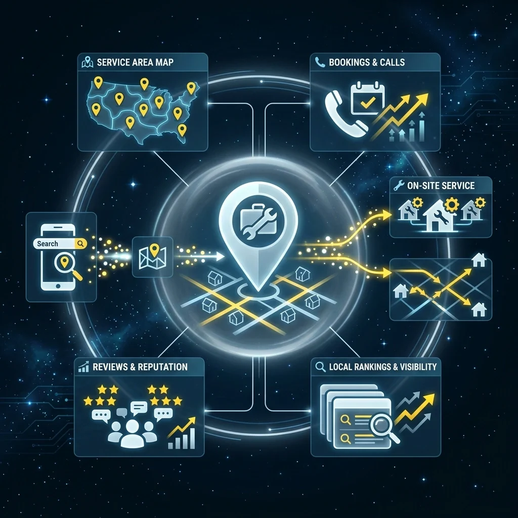 Infographic showing a service area map, bookings and calls, on-site service, reviews and reputation, and local rankings and visibility connected to a central service location icon.