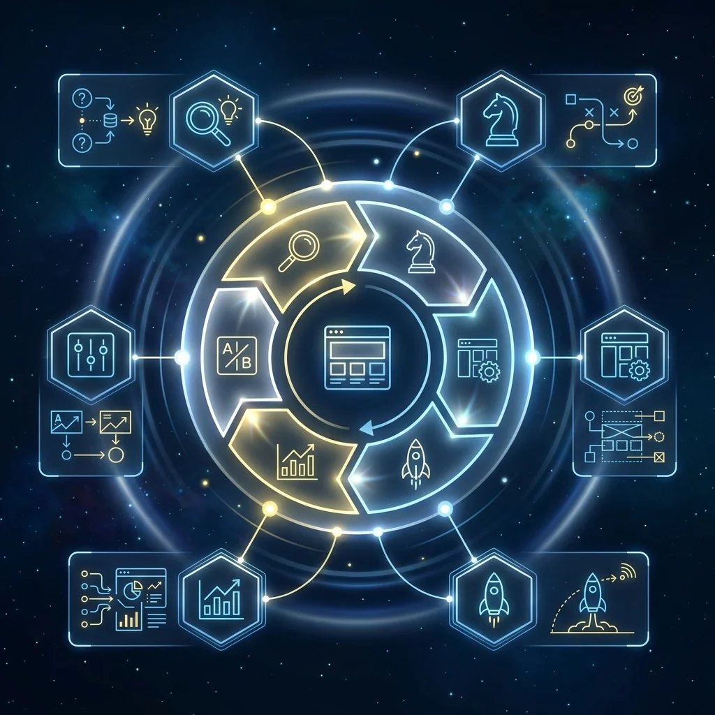 Digital infographic showing a circular business growth process with icons for magnifying glass, chess knight, rocket, and data charts connected by glowing lines against a starry background.