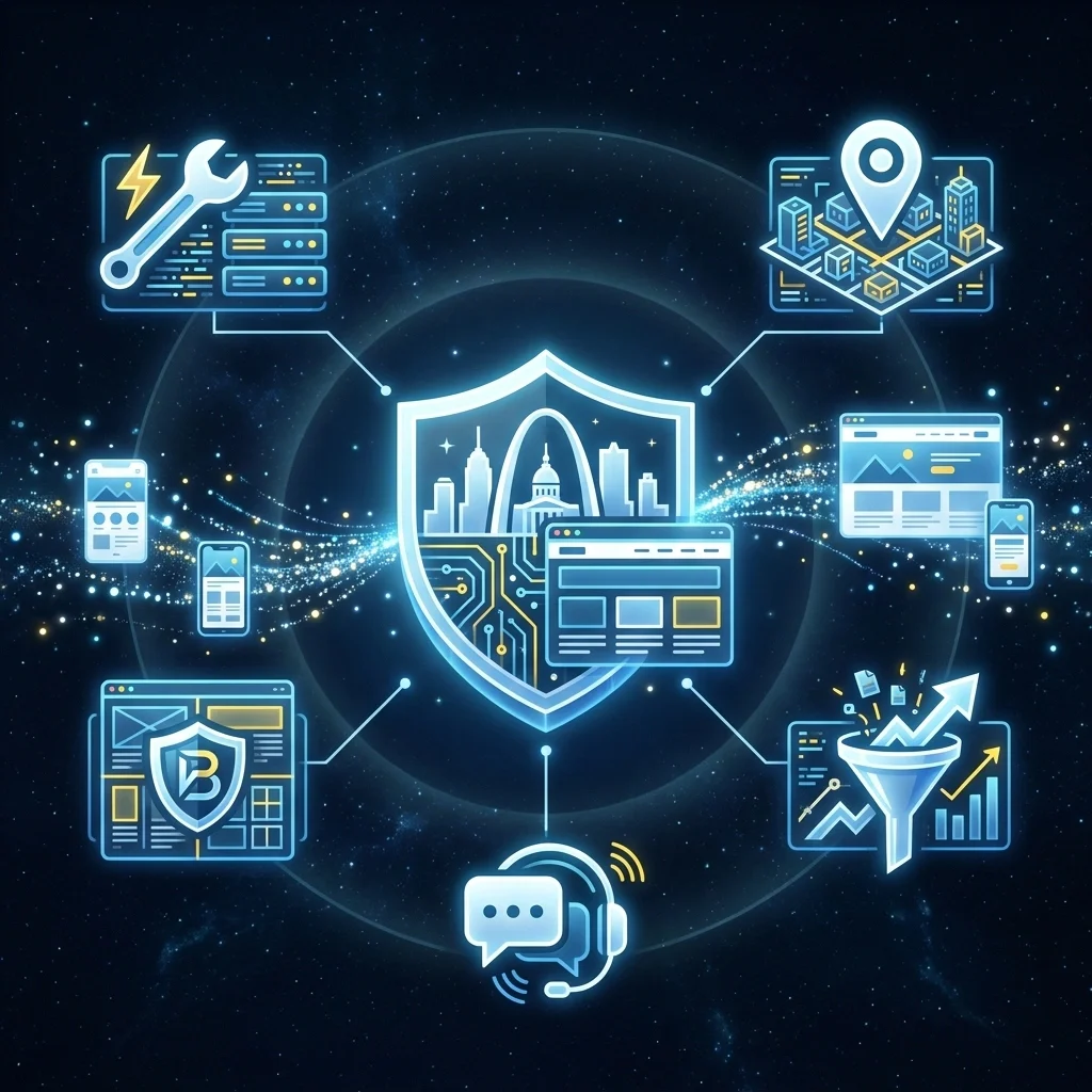 Digital shield representing cybersecurity with interconnected tech icons around it depicting tools, location, support, data analysis, and mobile interfaces on a dark cosmic background.
