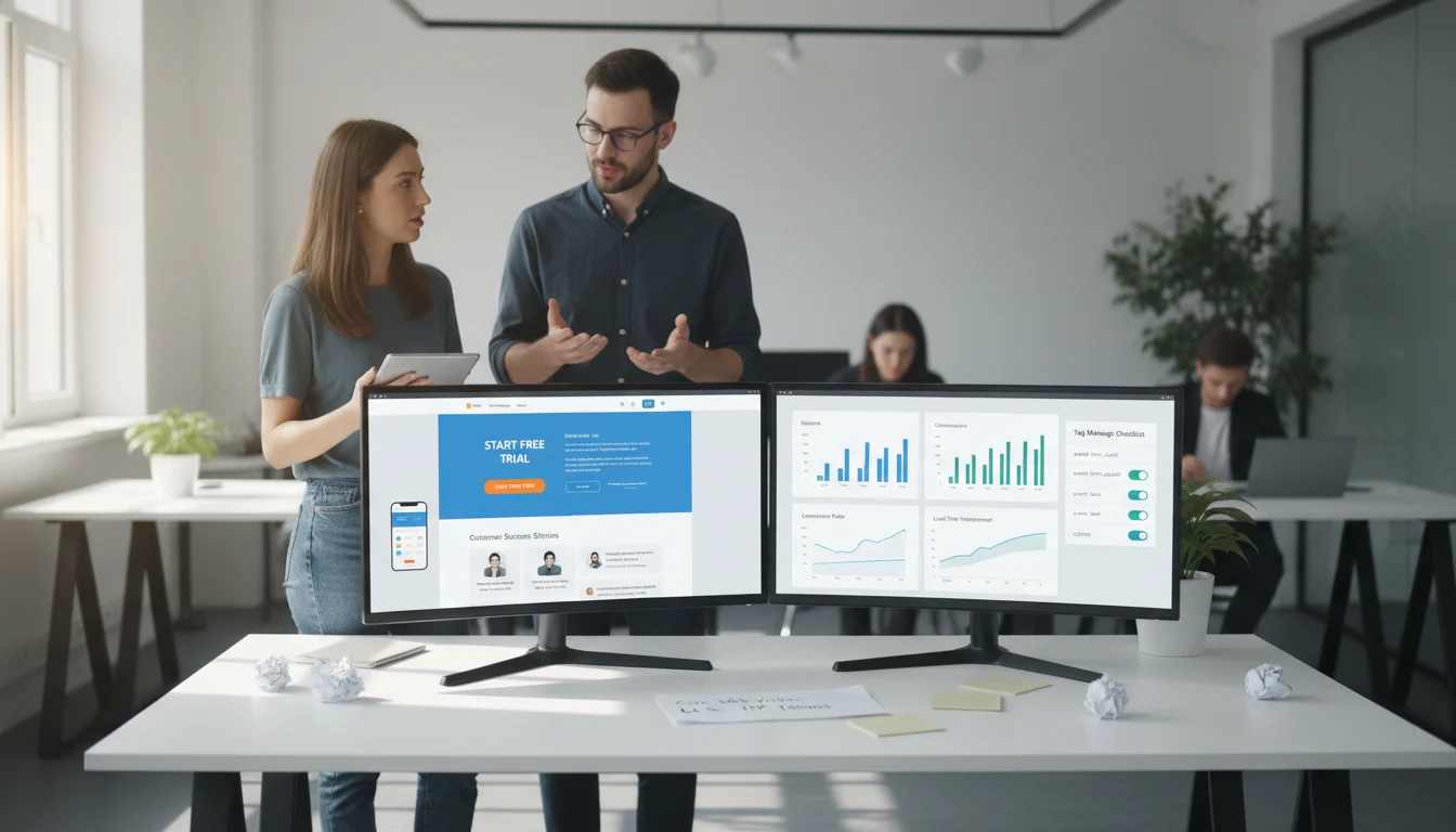 Advertising team and developer reviewing a high-performance landing page and analytics dashboard on dual monitors in a modern office