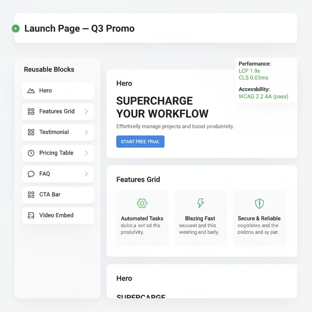 Block-based page editor with a reusable blocks library and a canvas preview of a landing page, showing performance and accessibility checks