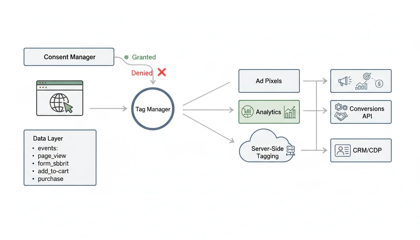Analytics and attribution flow diagram showing website data layer feeding a tag manager, ad pixels, server-side tagging, analytics, and CRM