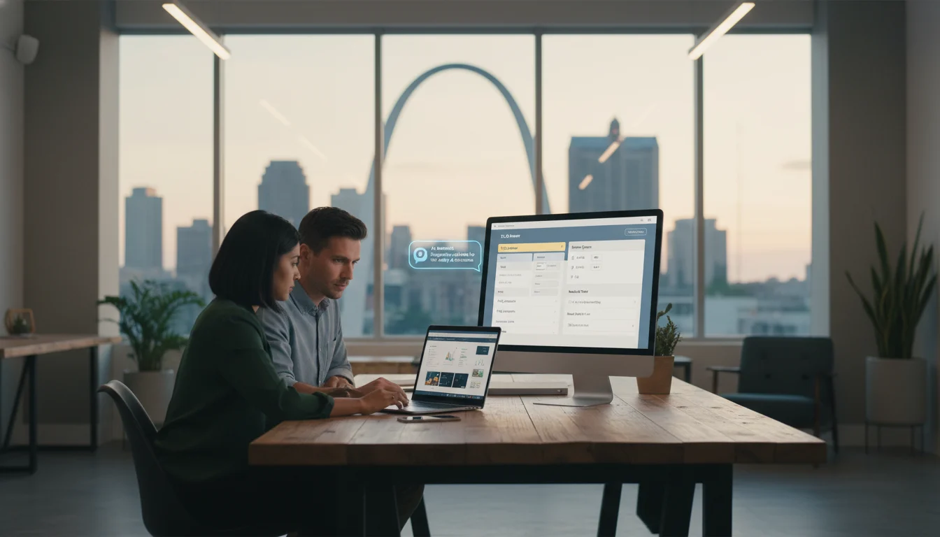 STL CodeScape editor reviews an AI-assisted WordPress content brief with block-based layout on screen, St. Louis skyline visible through the window