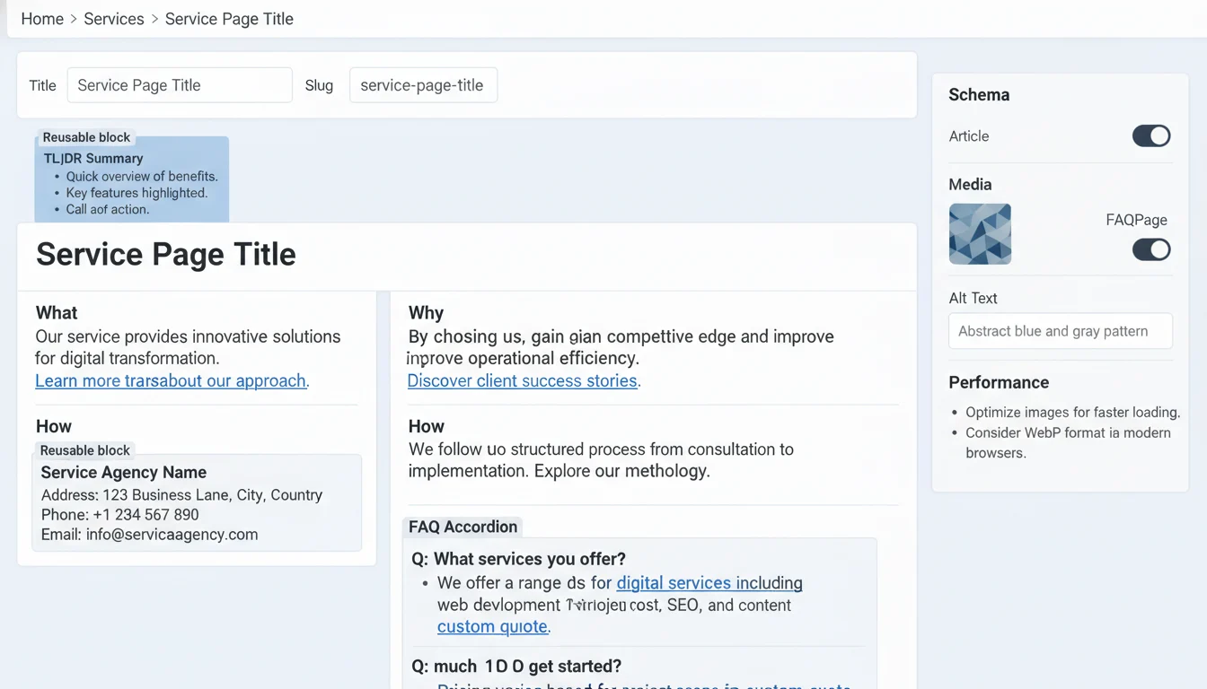 Mockup of a block-based editor with reusable sections, internal links, FAQ accordion, and schema and alt-text panels visible