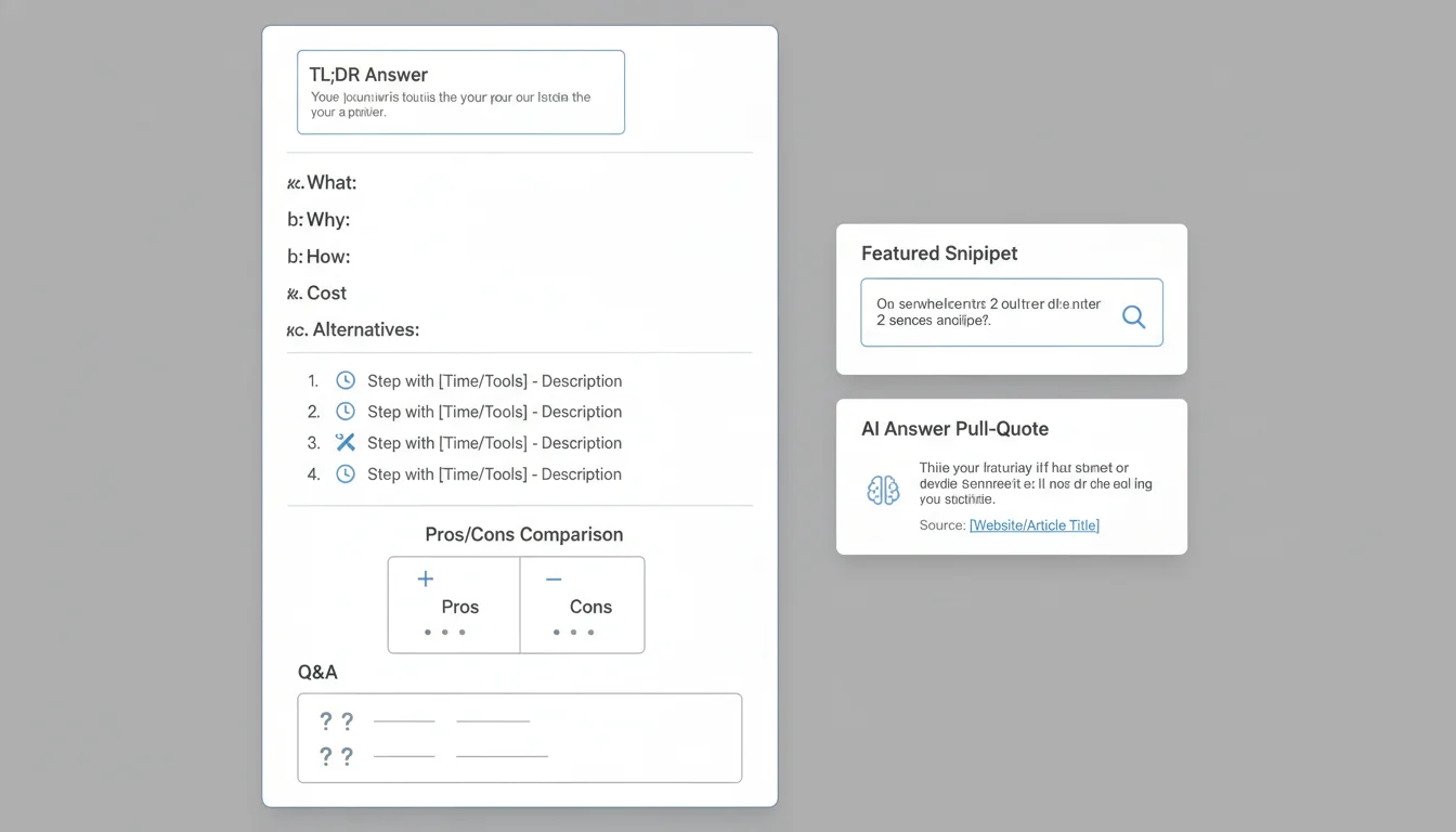 Diagram of a web page structured for featured snippets and AI Overviews with a TL;DR, What/Why/How headings, step list, pros and cons, and a Q&A module