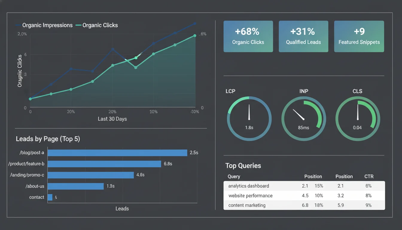 Generic analytics dashboard showing increases in organic clicks and qualified leads with Core Web Vitals gauges