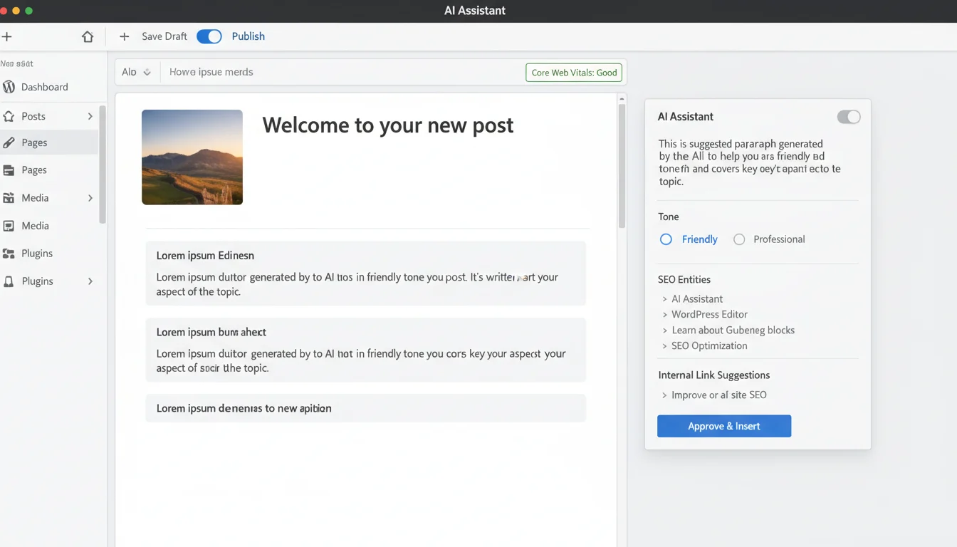 WordPress Gutenberg editor with an AI assistant sidebar drafting content and SEO suggestions, showing performance-safe controls