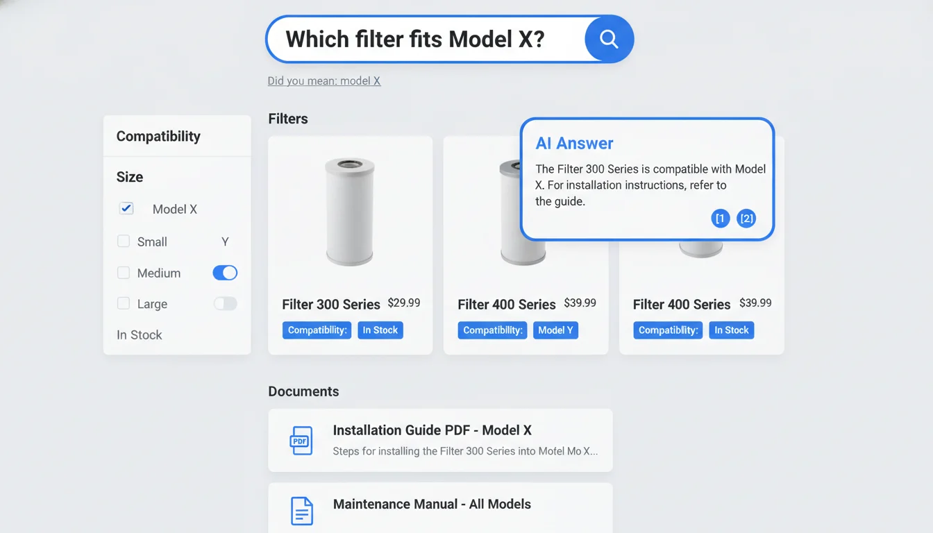 Website semantic search results with product cards, a document snippet, and an AI answer box with source citations