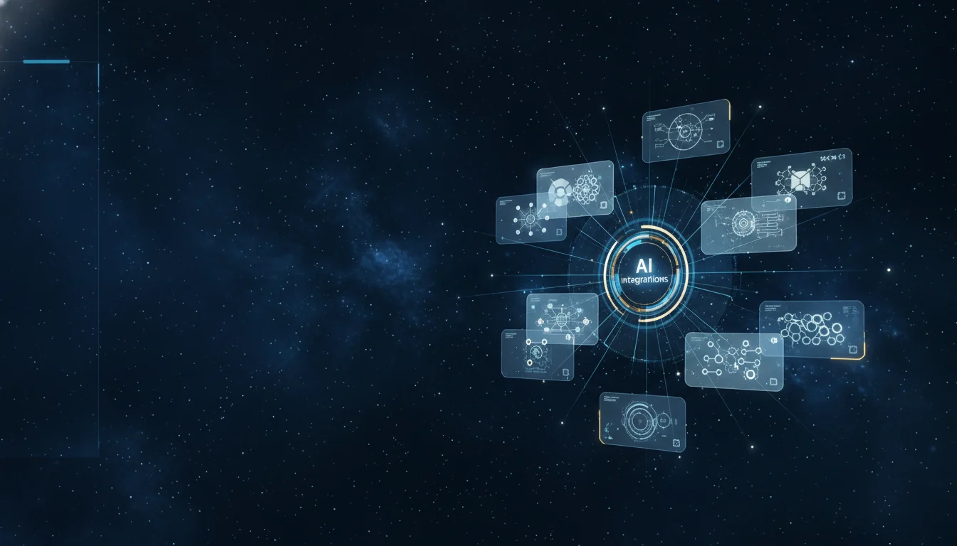 AI Integrations header image - Futuristic ‘AI Integrations’ command-center interface floating in a dark, starry digital space, no physical mo