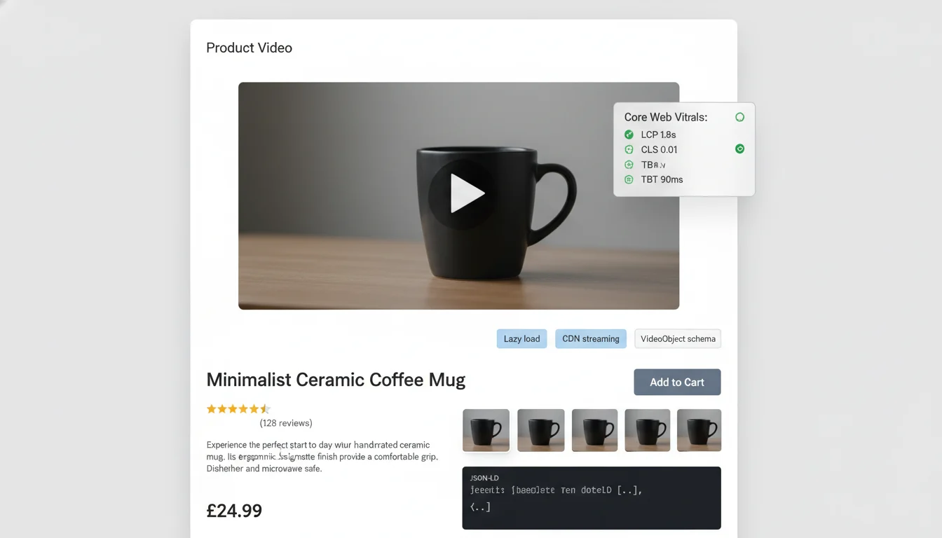 Mock WooCommerce product page with an embedded lightweight product video and a performance overlay showing green Core Web Vitals.