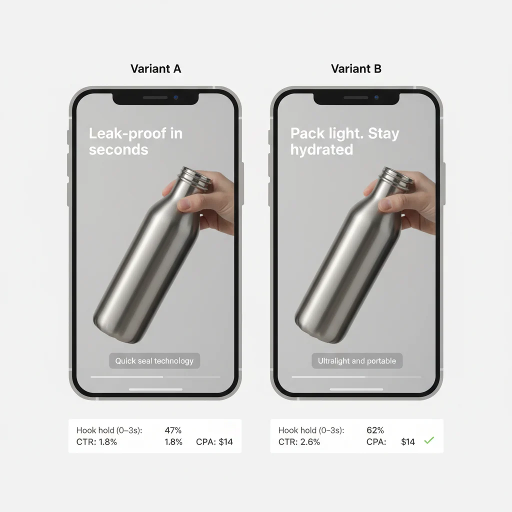 A/B test mockup comparing two vertical product video variants with different hook text and performance metrics.