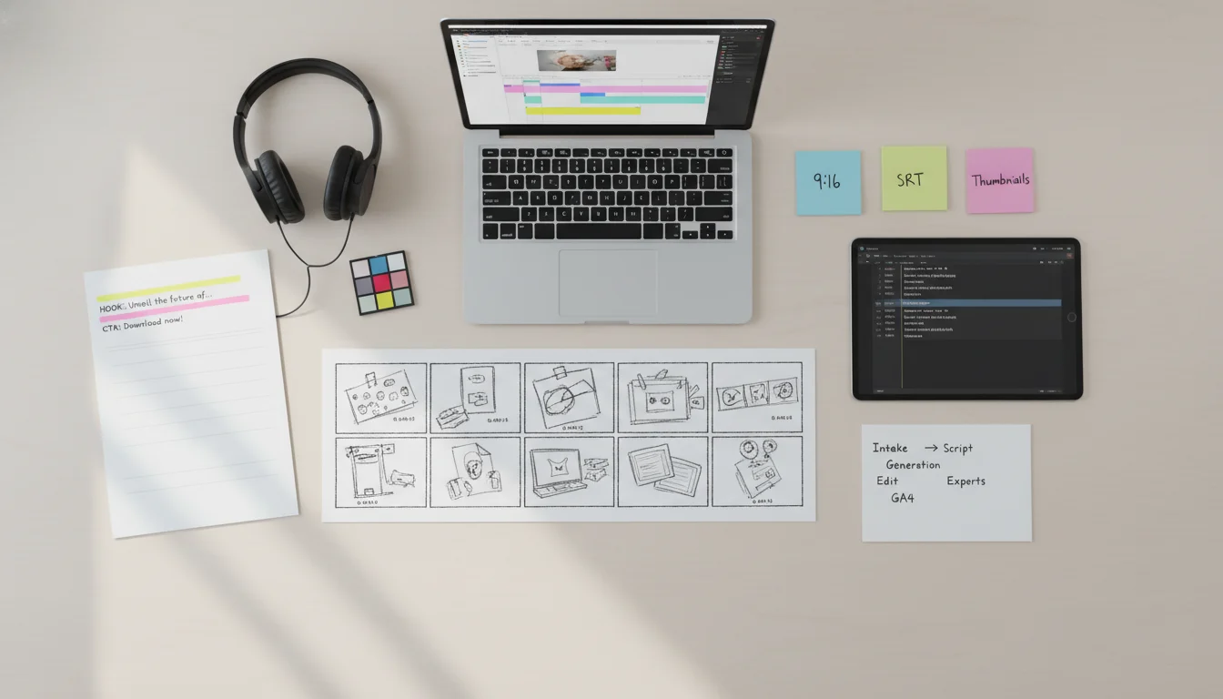 Overhead view of storyboard frames, a highlighted script, an editing timeline on a laptop, and a captions file representing the AI-to-edit video production workflow.