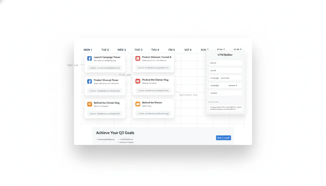 Hero image of a social content calendar with platform-specific posts, editor annotations, and a UTM builder linking to a WordPress landing page