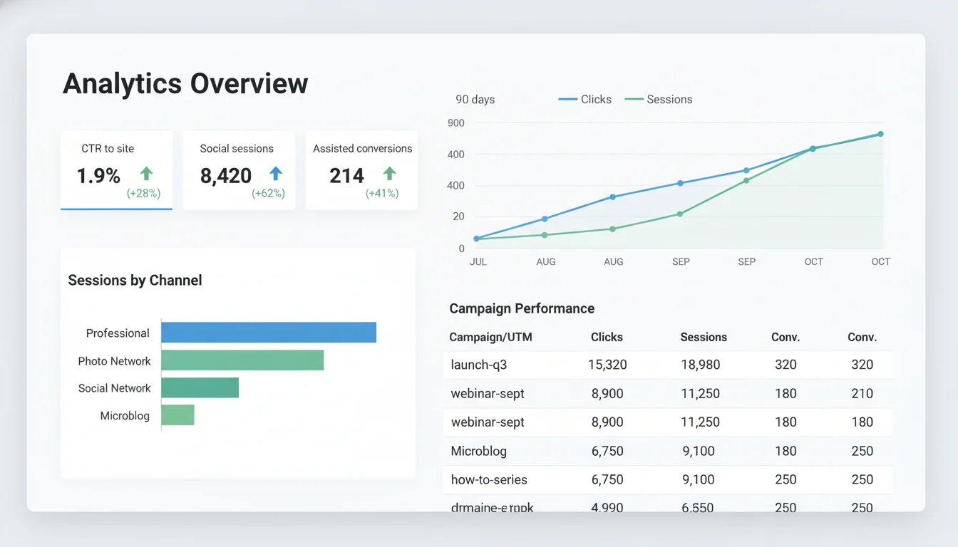 Analytics dashboard showing CTR, social sessions, and assisted conversions with trend charts and UTM-tagged campaign performance