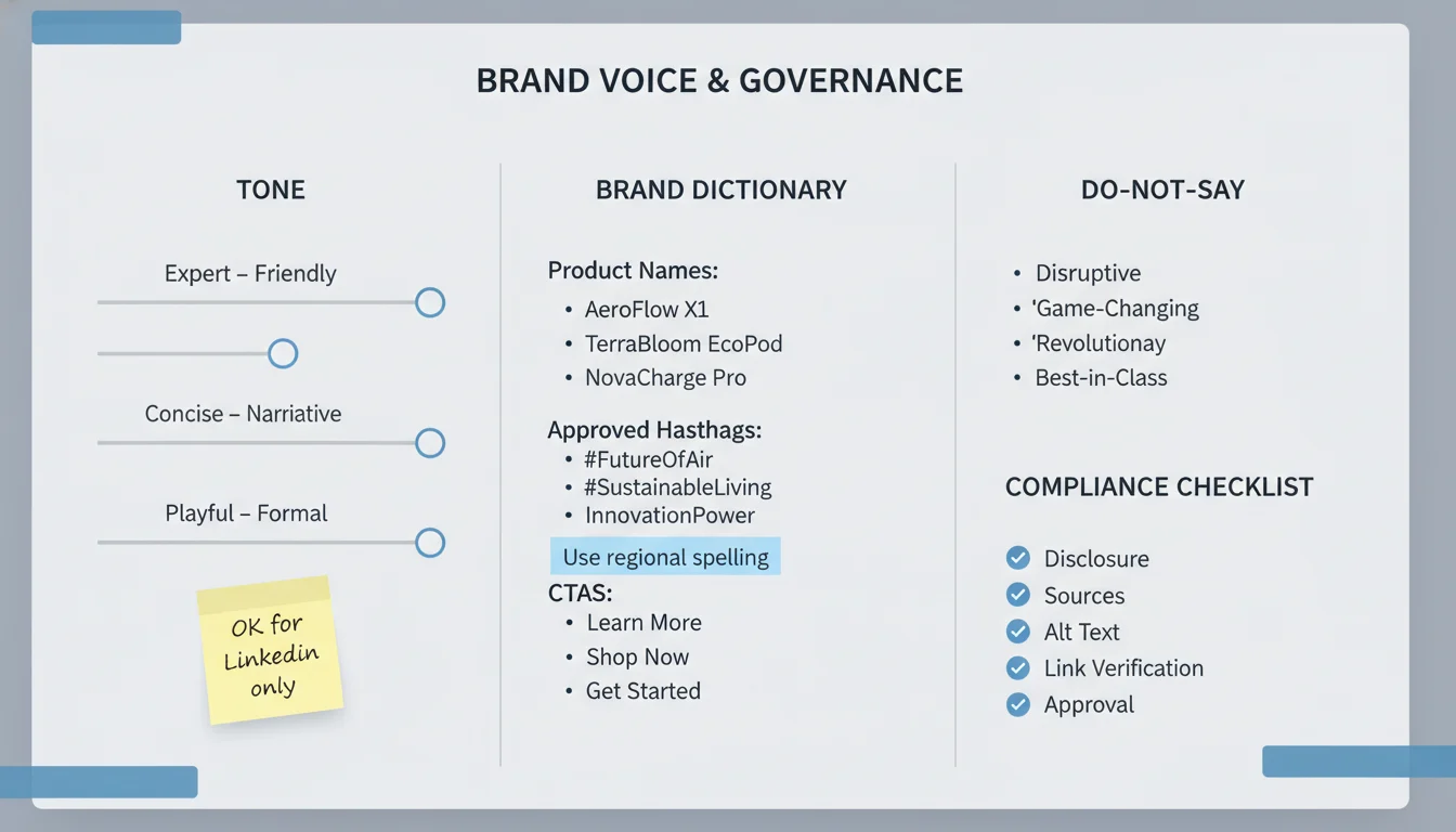 Brand voice playbook UI with tone sliders, brand dictionary, do‑not‑say list, and compliance checklist for social posts