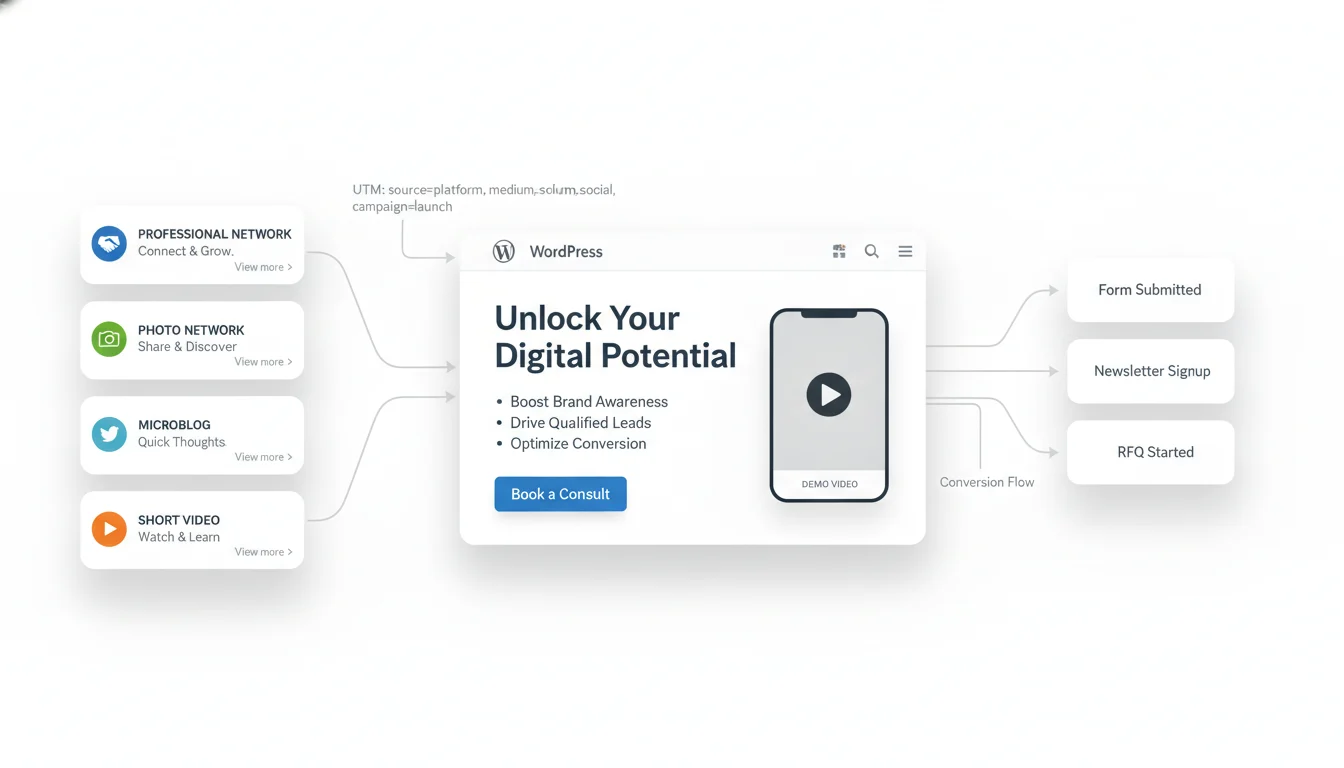 Flow diagram of social posts feeding a WordPress landing page with embedded video and CTA, then converting to form submissions and signups with UTM tracking