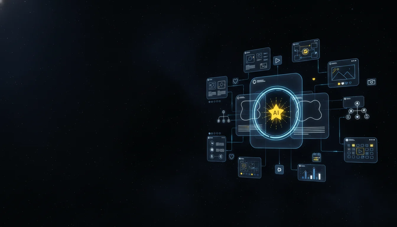 AI Social Media Content header image - Futuristic AI social media content command-center interface floating in a dark, starry digital space, no physi
