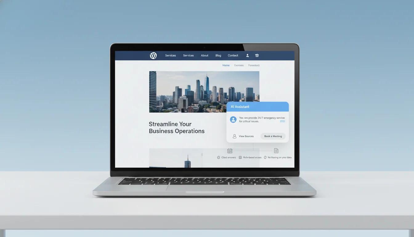 WordPress site mockup with an AI chat widget qualifying a lead, displaying cited answers and a Book Meeting button, with subtle overlays showing secure sync to CRM and Microsoft 365/Google Workspace.