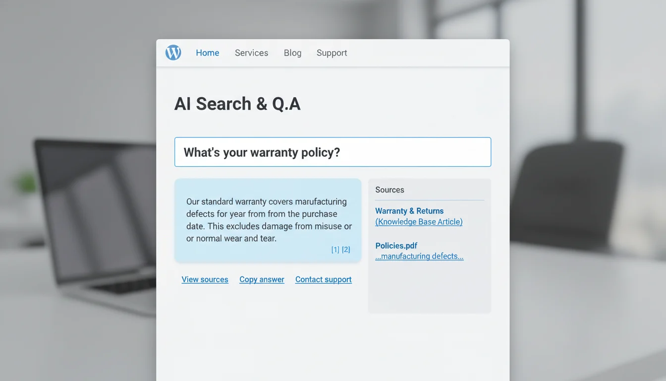 On-site AI search result showing a concise answer with numbered citations linking to a WordPress knowledge base article and a policies PDF, plus controls for View sources, Copy, and Contact support.