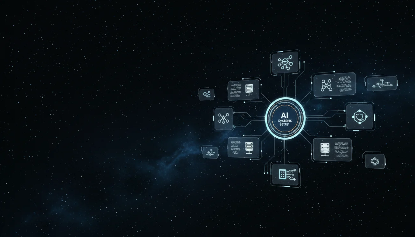AI Systems Setup header image - Futuristic ‘AI Systems Setup’ command-center interface floating in a dark, starry digital space, no physical m
