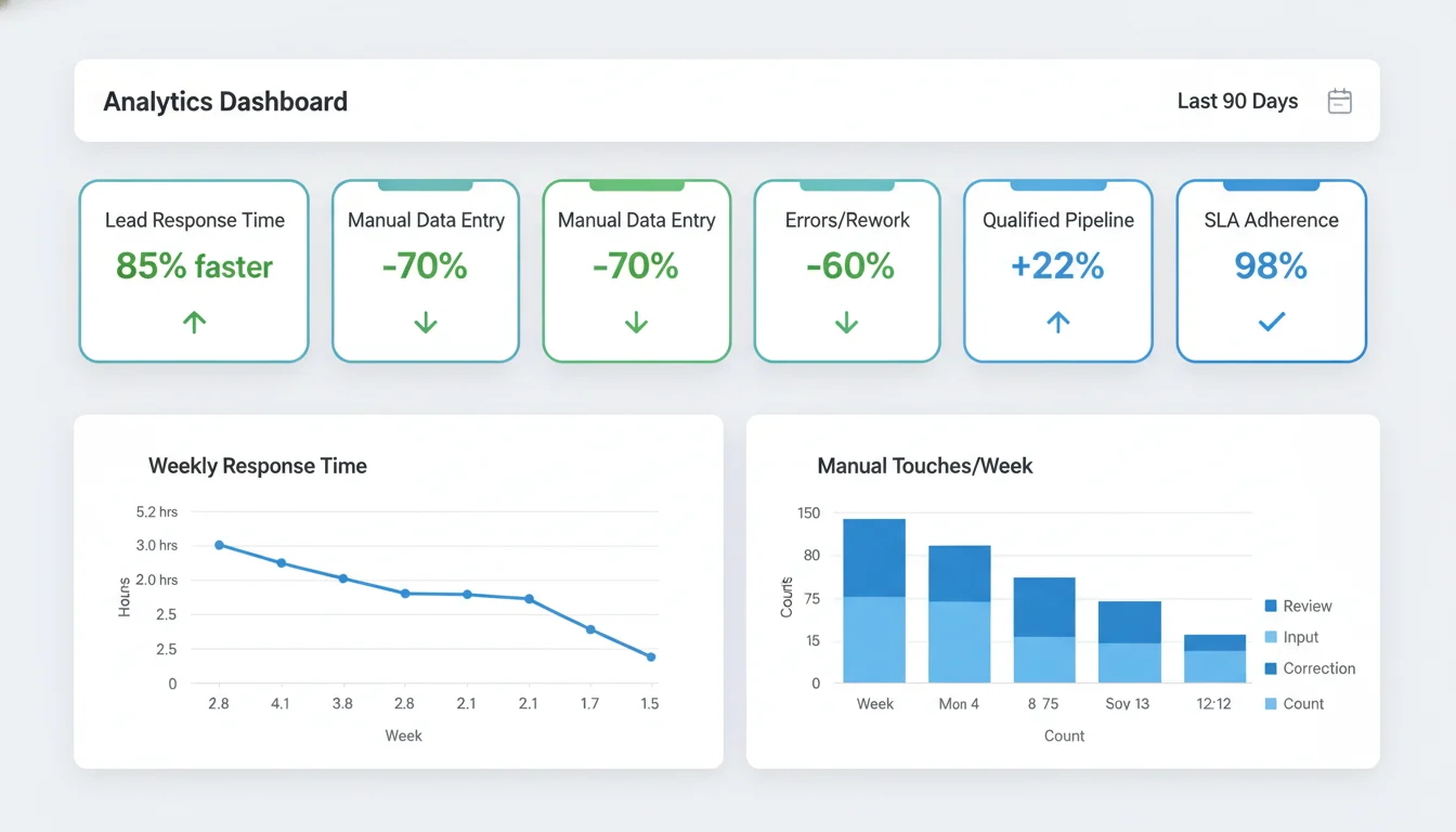 KPI dashboard showing 90-day trends: lead response time 85% faster, manual data entry down 70%, data errors down 60%, qualified pipeline up 22%, and SLA adherence near 98%, with line and bar charts.