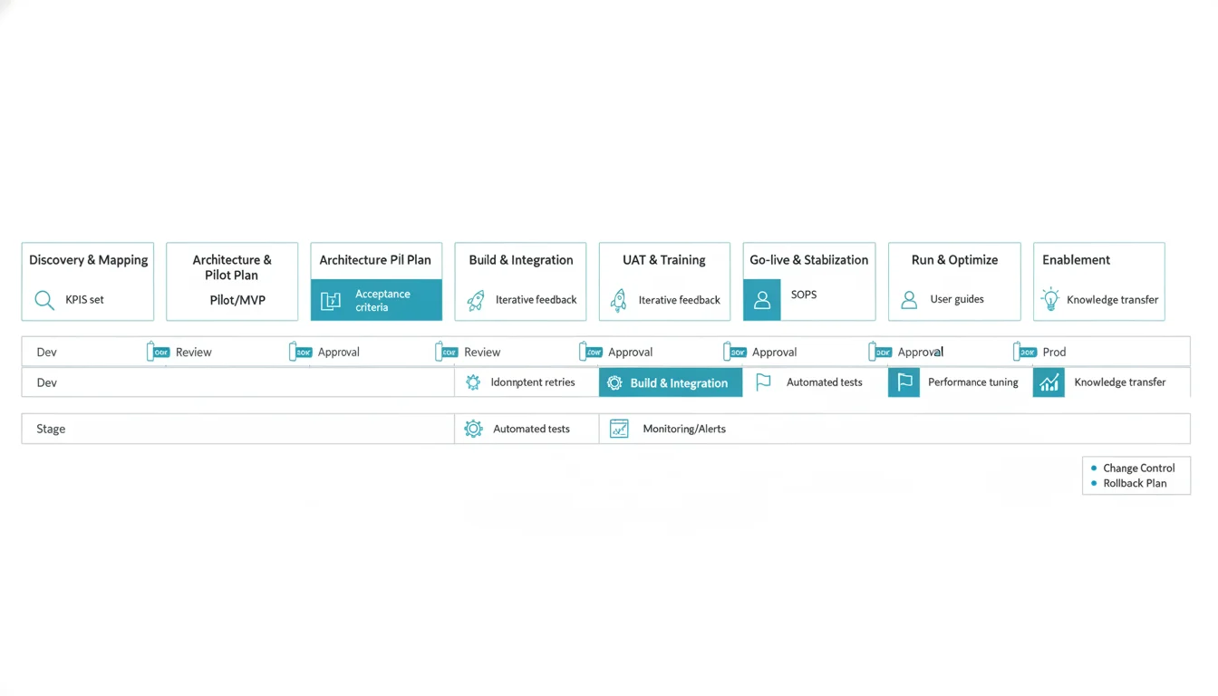 Delivery lifecycle diagram showing phases from Discovery and Pilot to Build, UAT, Go-live, and Run, mapped across dev, stage, and prod swimlanes with governance checkpoints and rollback readiness.