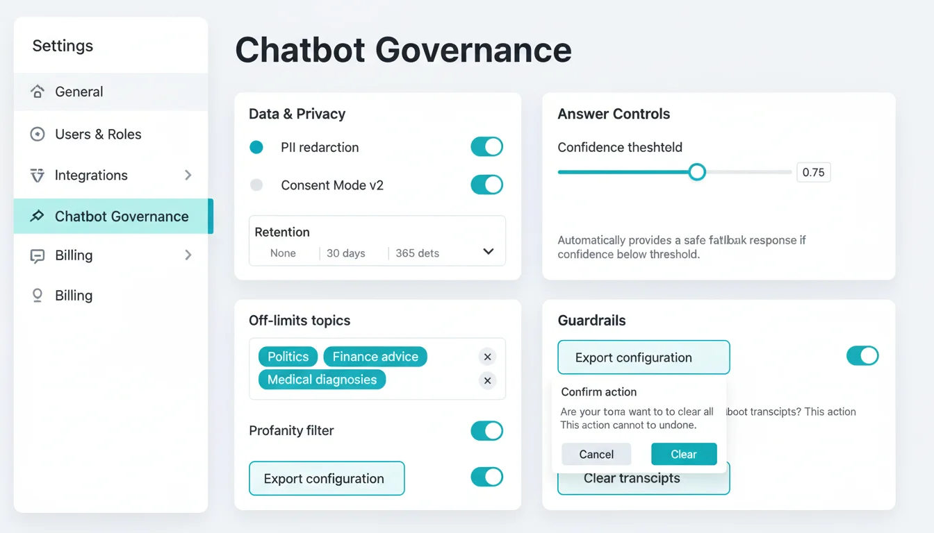 Chatbot admin settings mock screen showing toggles for PII redaction and Consent Mode, a retention selector (None, 30, 90, 365 days), a confidence threshold slider, an off-limits topics list, and buttons for Export configuration and Clear transcripts.