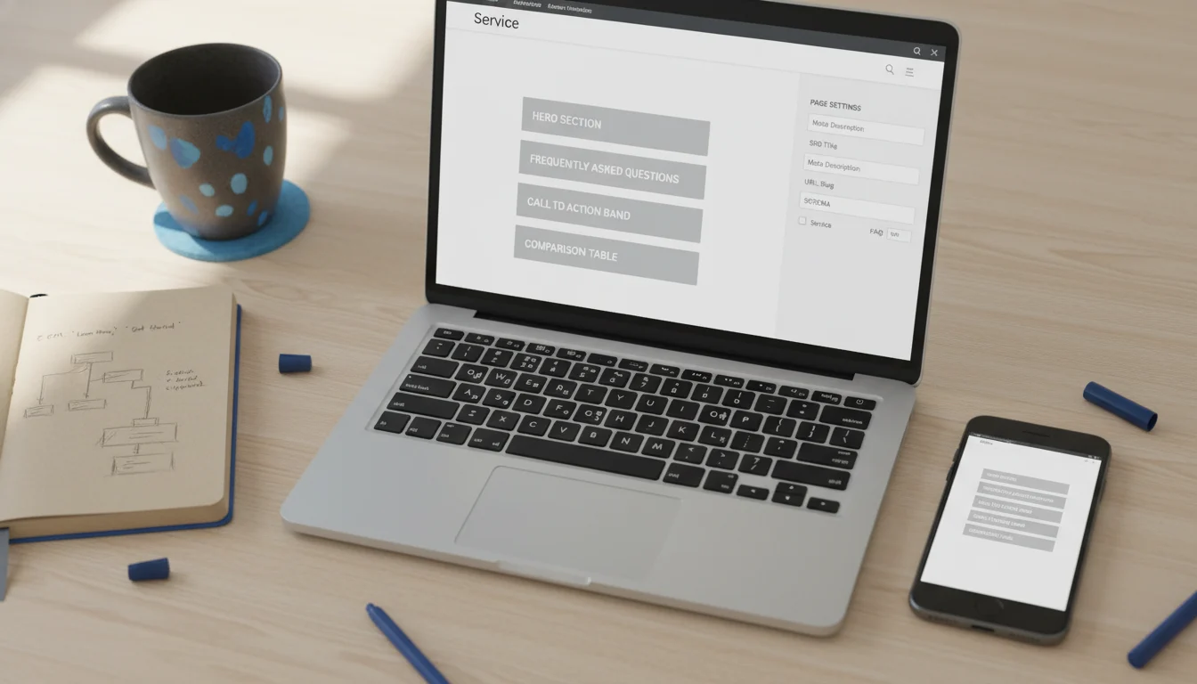WordPress block editor showing reusable blocks for a service page, with a phone displaying the mobile preview beside the laptop.