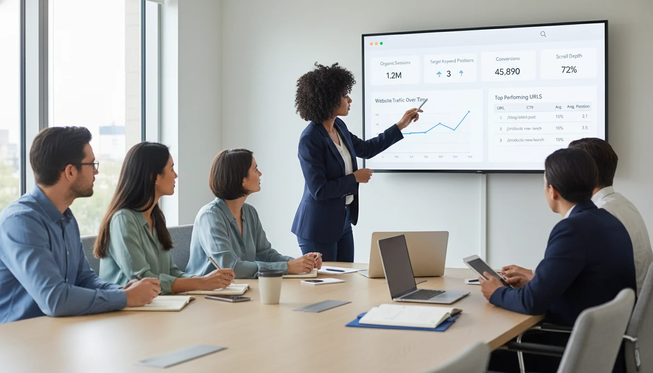 Marketing and web team reviewing a KPI dashboard with organic sessions, keyword rankings, conversions, and scroll depth charts on a large screen.