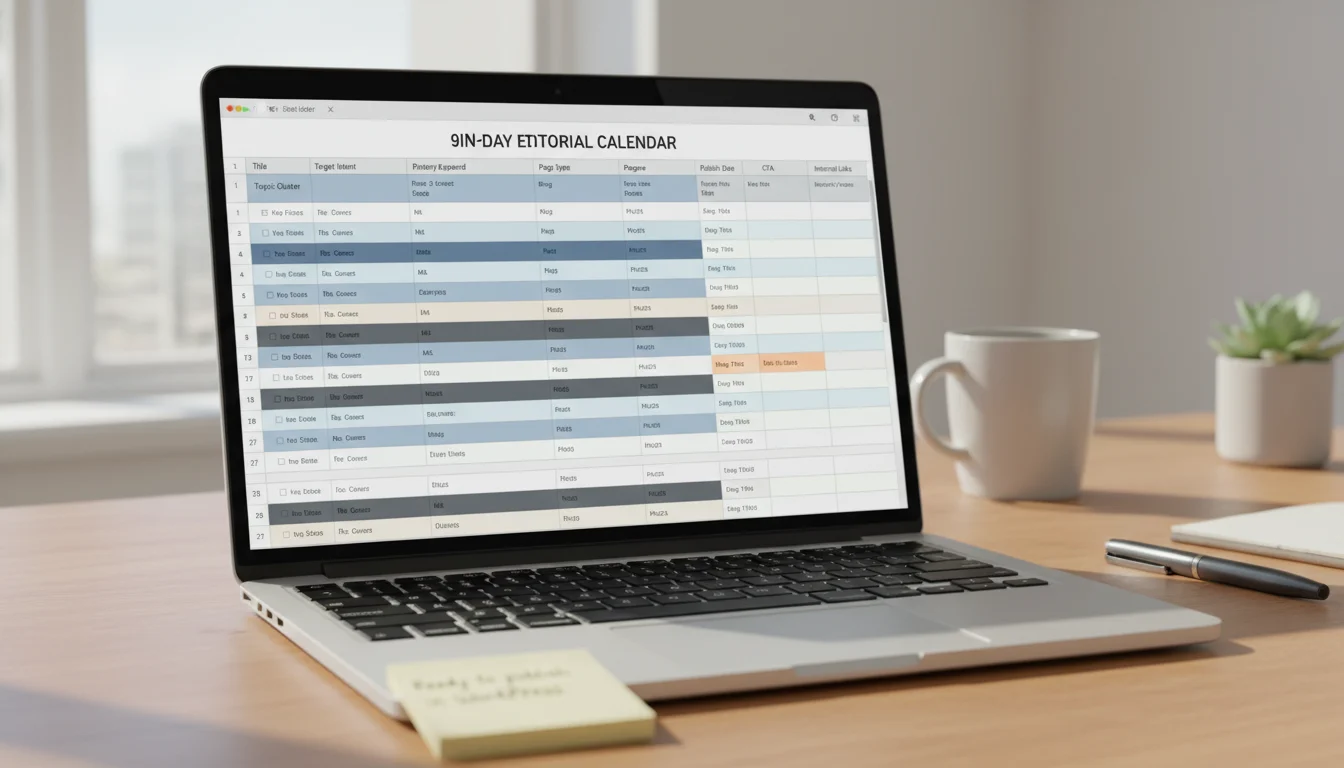 90‑day editorial calendar spreadsheet with columns for title, target intent, primary keyword, page type, owner, publish date, CTA, and internal link targets.