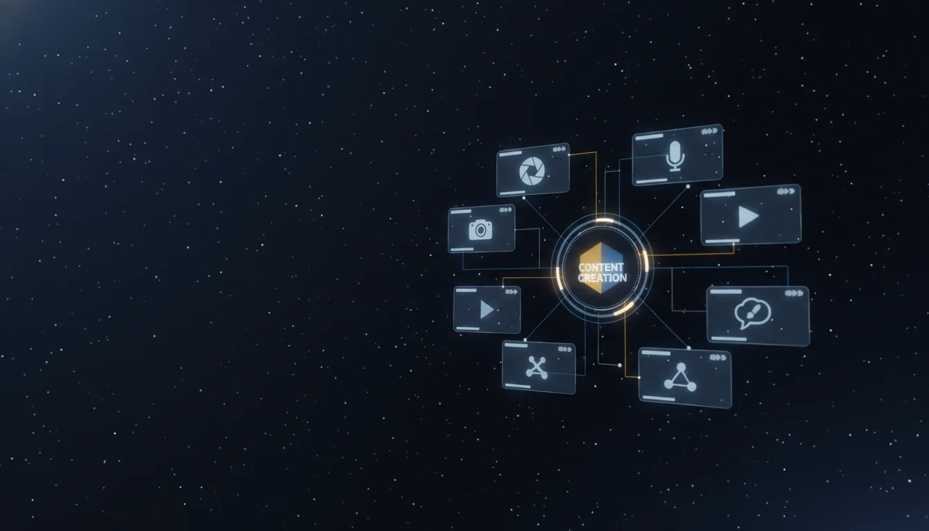 Content Creation header image - Futuristic ‘Content Creation’ command-center interface floating in a dark, starry digital space, no physical m
