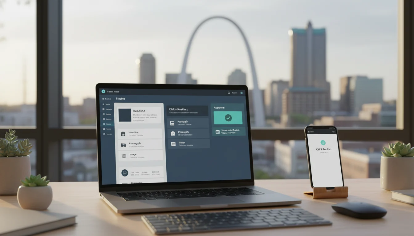 Workspace hero showing a CMS staging → approval → scheduled publish workflow on laptop and phone with the St. Louis Gateway Arch softly visible in the background.