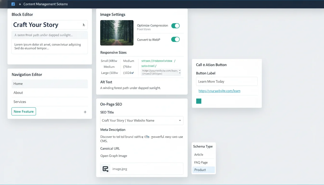 Composite UI of common WordPress-style content updates: text blocks, image WebP conversion with srcset, alt text, menu and CTA edits, and SEO title/meta fields.