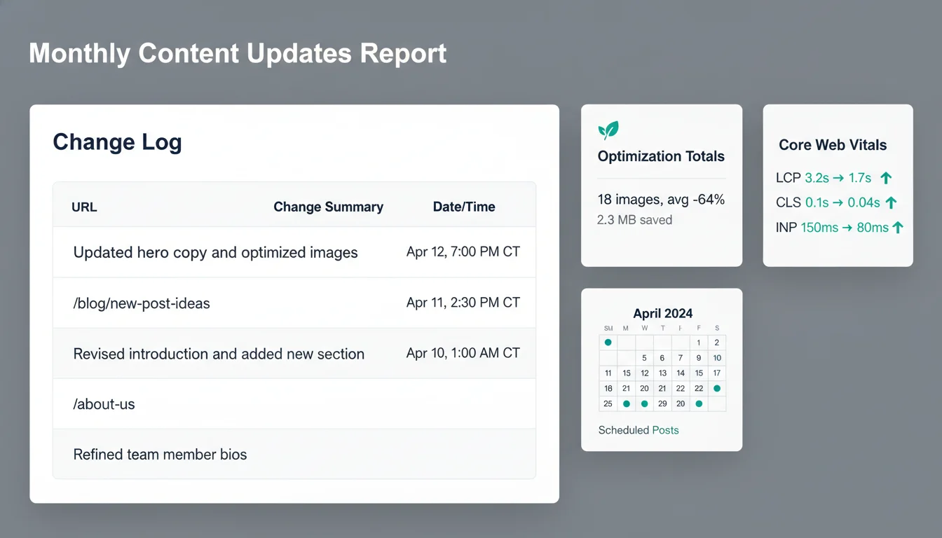 Sample monthly report showing a change log of updated URLs, image optimization totals, Core Web Vitals improvements, and a scheduled publish calendar.