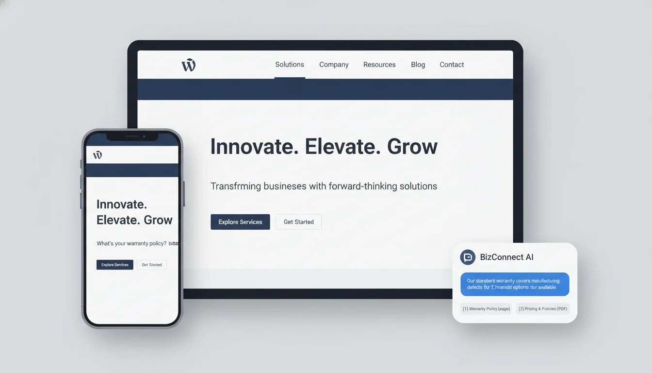 Mockup of a WordPress website with an on-brand AI chatbot open, answering a policy question with source citations to a page and PDF.