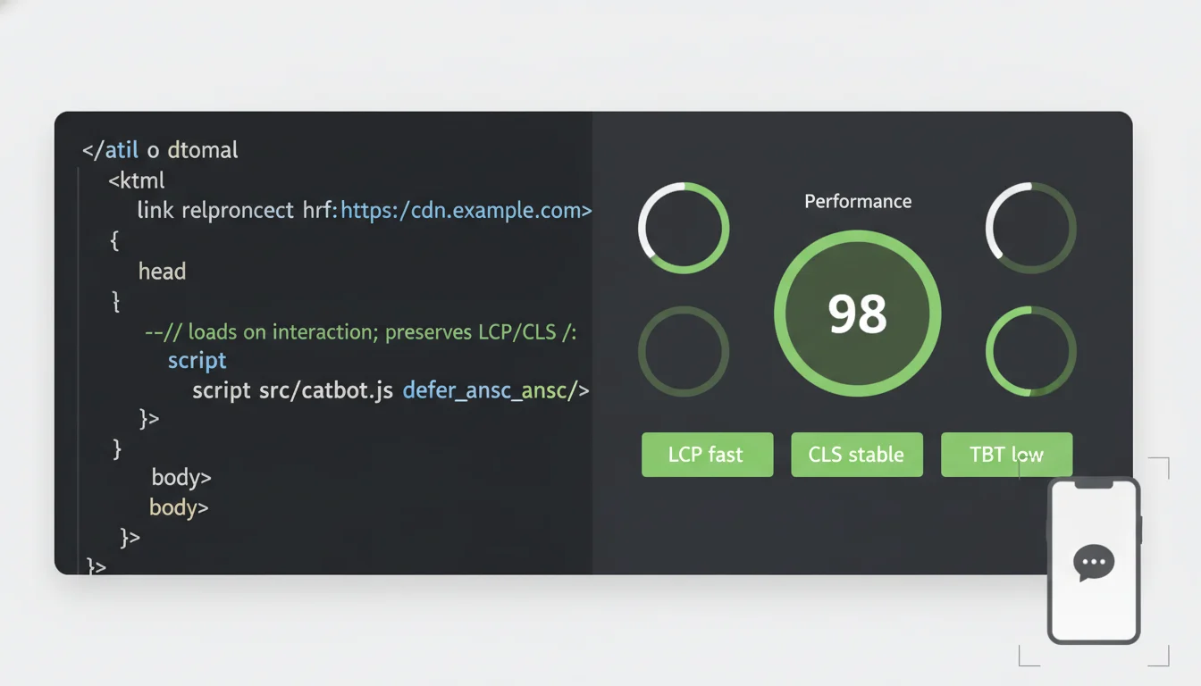 Composite image showing async and defer script embed code alongside a performance panel with green Core Web Vitals scores.