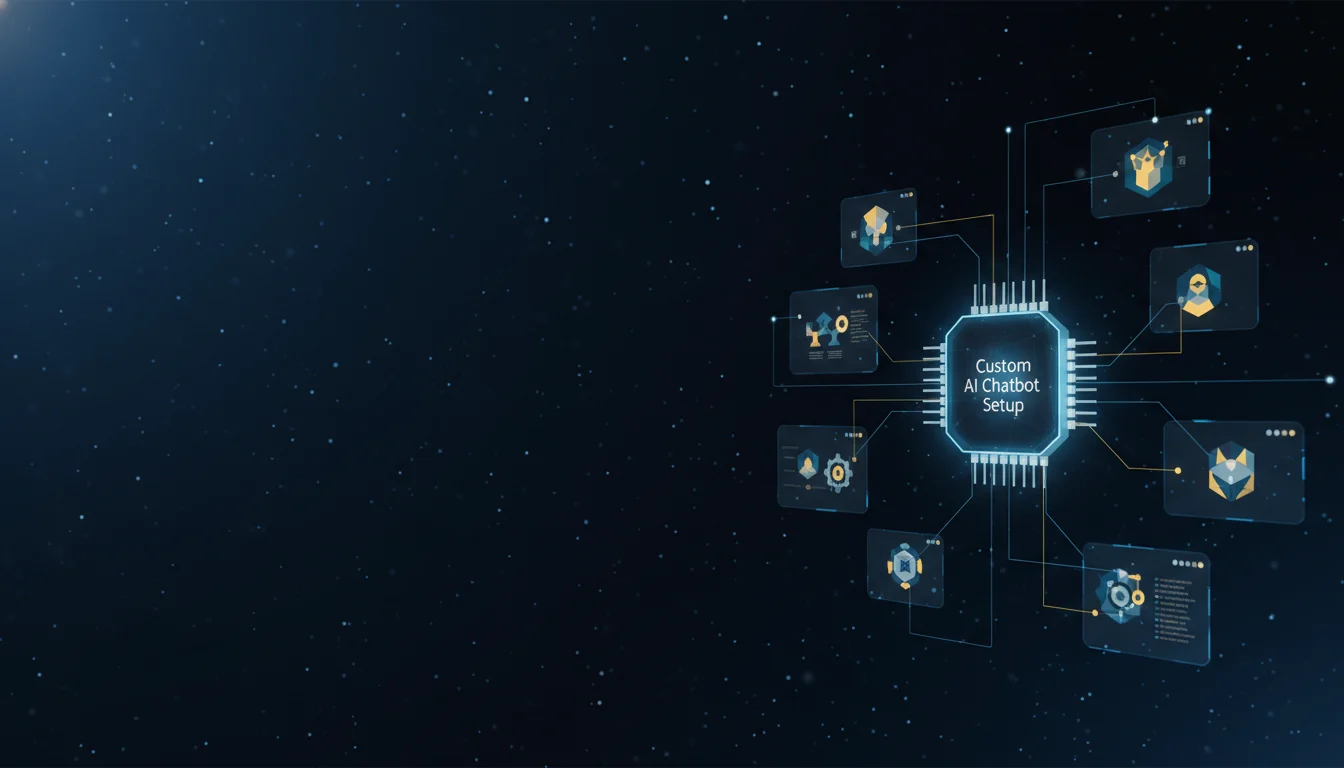 Custom AI Chatbot Setup header image - Futuristic ‘Custom AI Chatbot Setup’ command-center interface floating in a dark, starry digital space, no phy