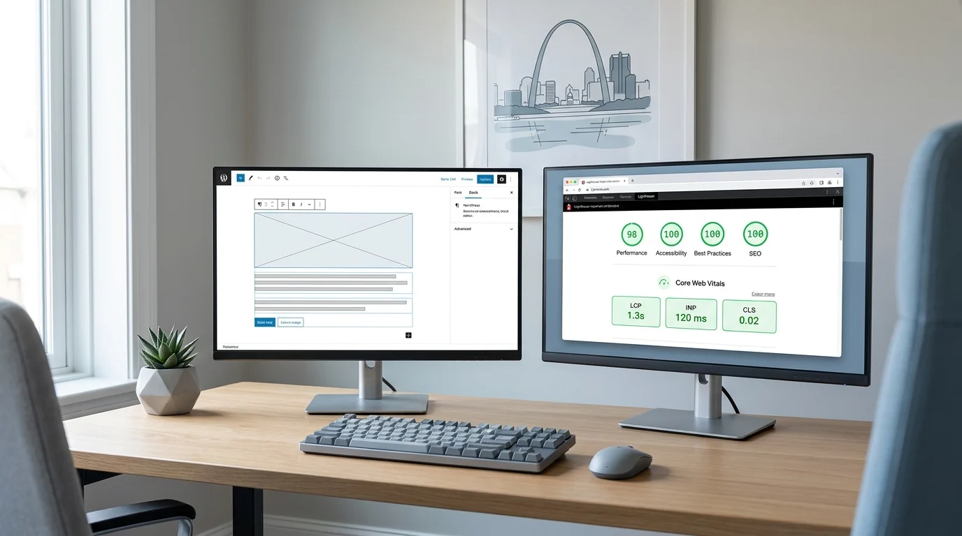 Dual‑monitor workspace showing WordPress block editor alongside a Lighthouse report with 95+ scores and Core Web Vitals passing, representing STL CodeScape’s custom high‑performance builds.