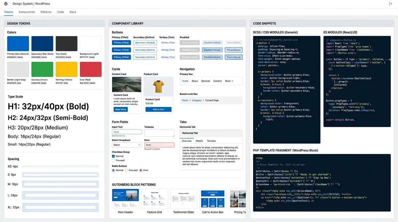Modular WordPress component library and code snippets demonstrating a custom theme architecture with reusable blocks, patterns, and documented design tokens.