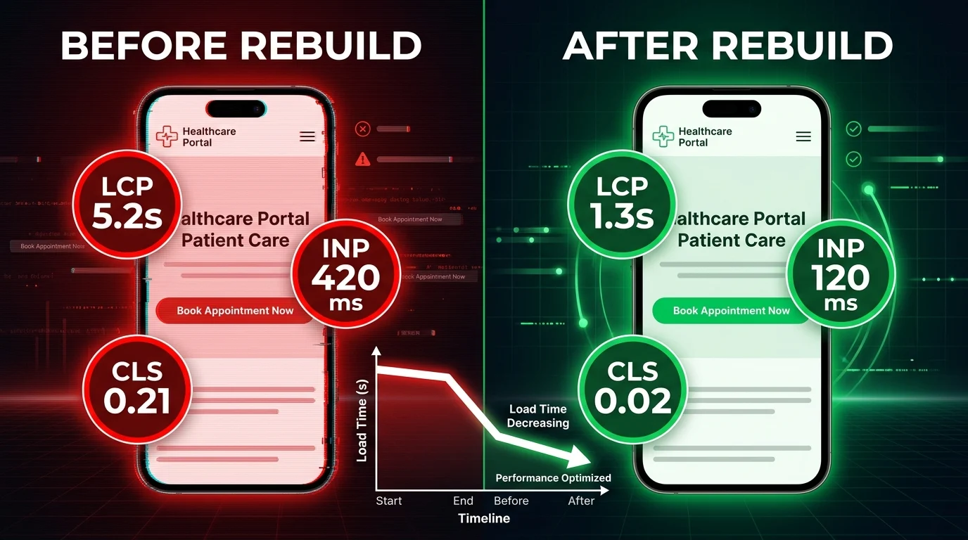 Before‑and‑after performance comparison for a healthcare clinic site: mobile LCP improved from 5.2s to 1.3s, INP from 420ms to 120ms, CLS from 0.21 to 0.02, with a downward line chart.