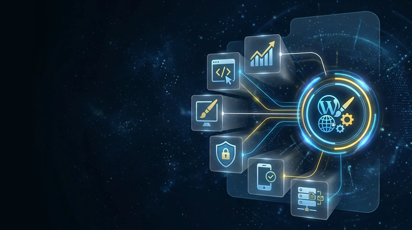 Custom Website Design header image - Futuristic ‘Custom Website Design’ command-center interface floating in a dark, starry digital space, no physi