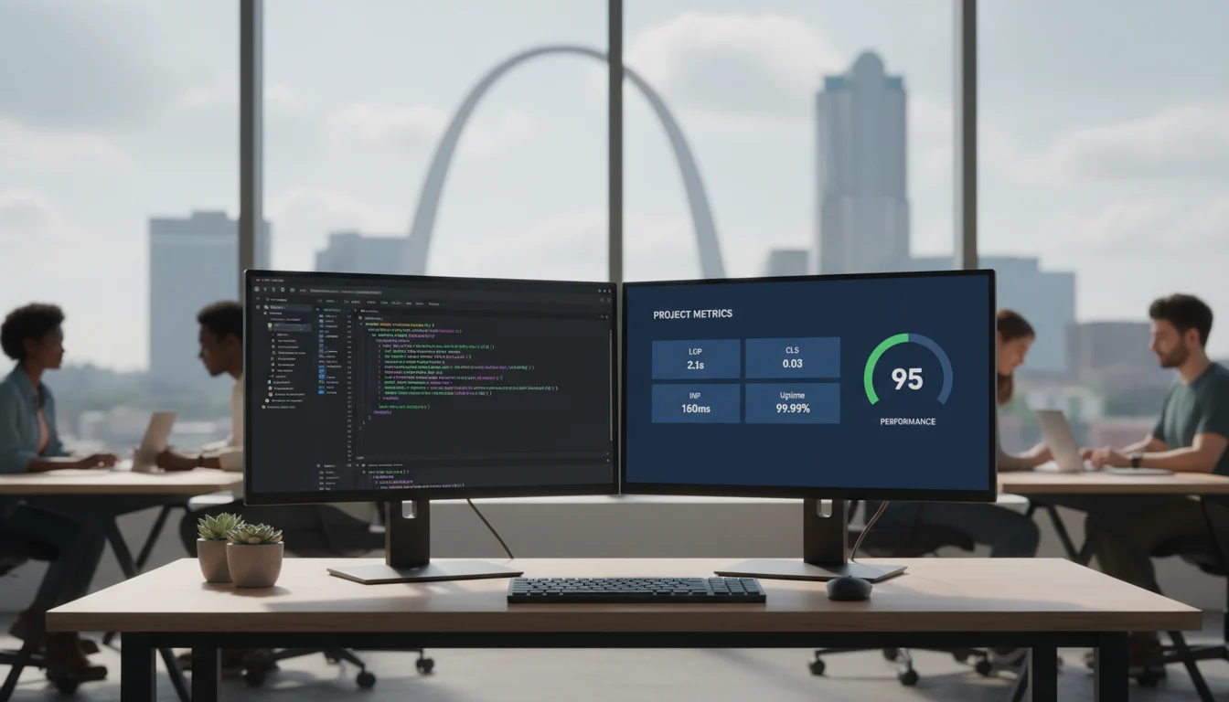 STL CodeScape developer reviewing Core Web Vitals results beside a hand-coded WordPress theme on dual monitors in a St. Louis office.