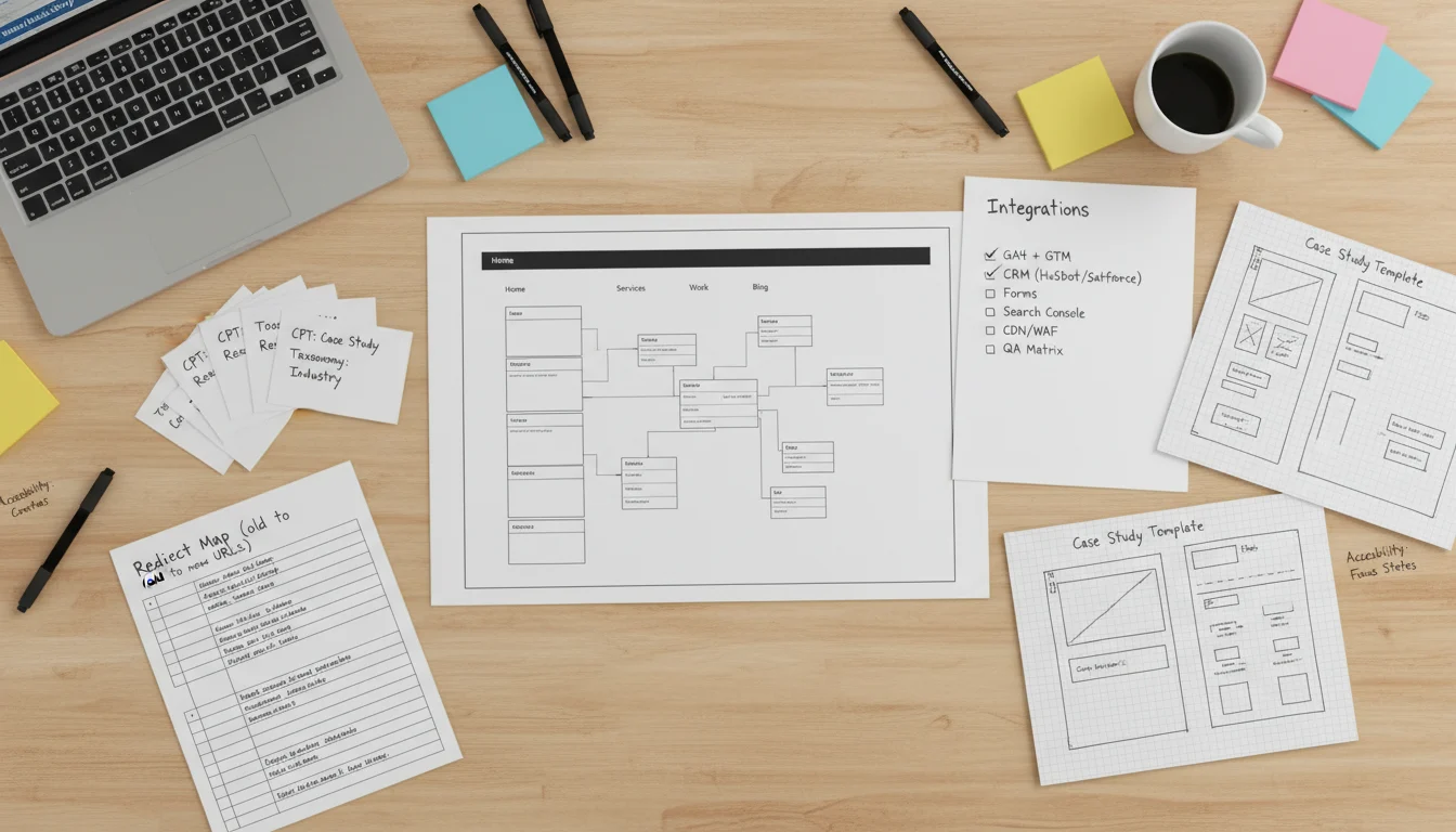 Project planning table with printed sitemap, notes on custom post types and taxonomies, a redirect map, and integration checklist.