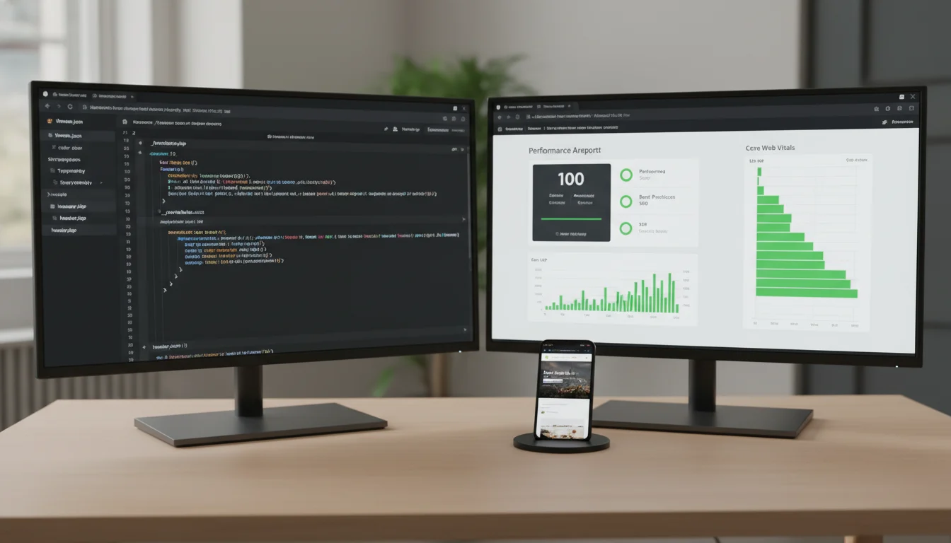 Dual‑monitor developer setup showing custom WordPress theme code and a Lighthouse/Core Web Vitals performance report.