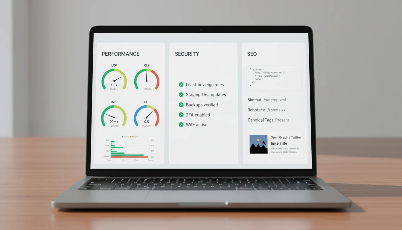 Dashboard collage with green Core Web Vitals gauges, a security hardening checklist, and structured data and sitemap settings.